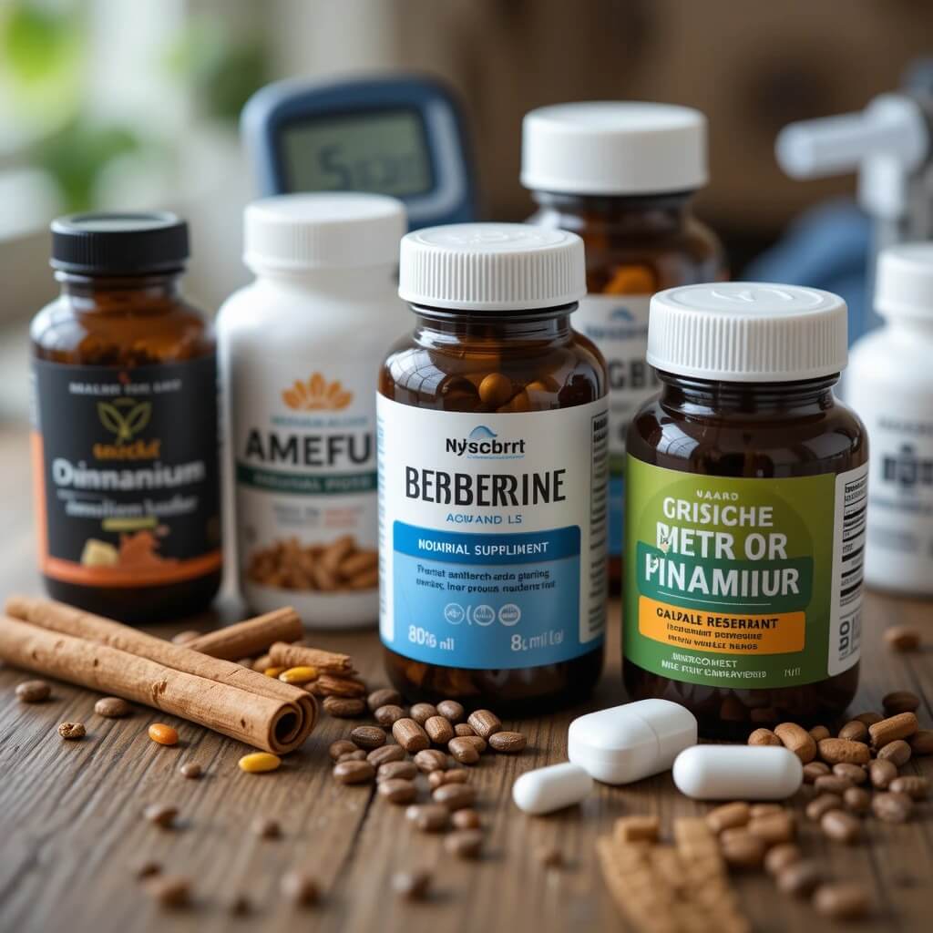 A selection of natural supplements, including cinnamon, berberine, magnesium, and vitamin D, displayed on a wooden table with a glucose meter in the background.