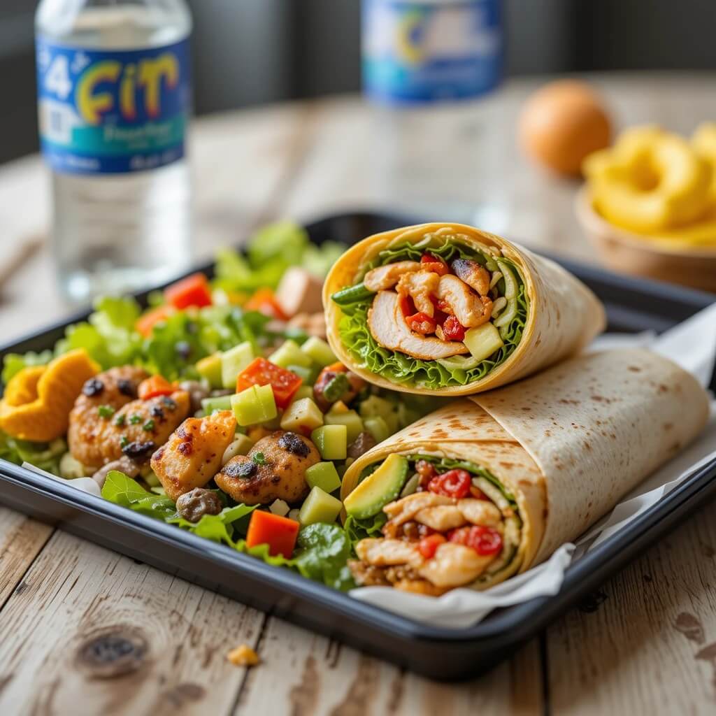 A colorful tray of healthy fast food, including a grilled chicken wrap, a fresh salad with avocado, a side of fruit, and a bottle of water.