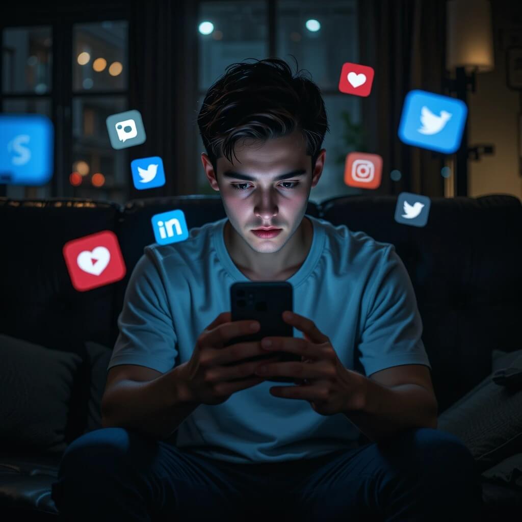 A young person sitting in a dimly lit room, looking at their phone with a concerned expression, surrounded by floating social media icons and notification bubbles