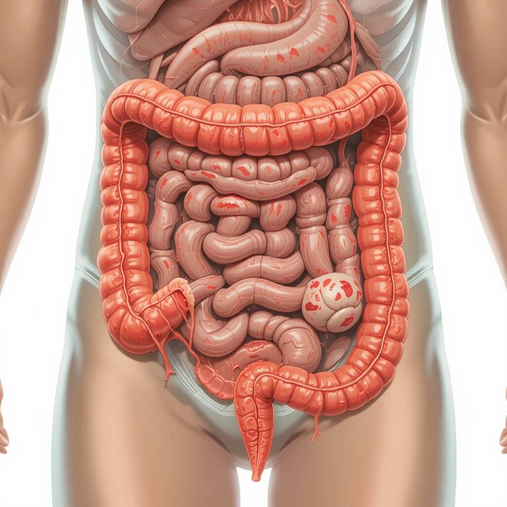 Illustration showing the impact of Crohn's Disease on the intestines, with areas of inflammation and ulceration