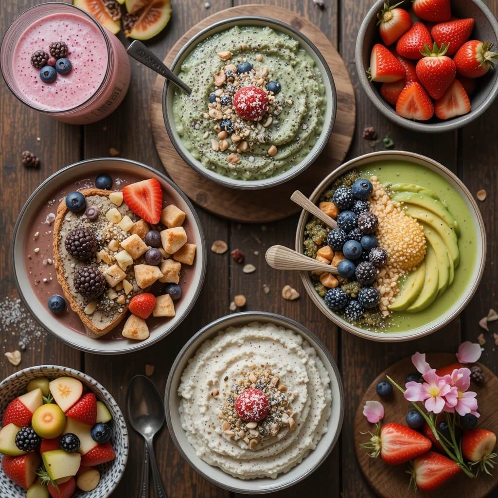 A delicious and nutritious healthy breakfast spread featuring smoothie bowls, avocado toast, chia seed pudding, and fresh fruit on a wooden table.