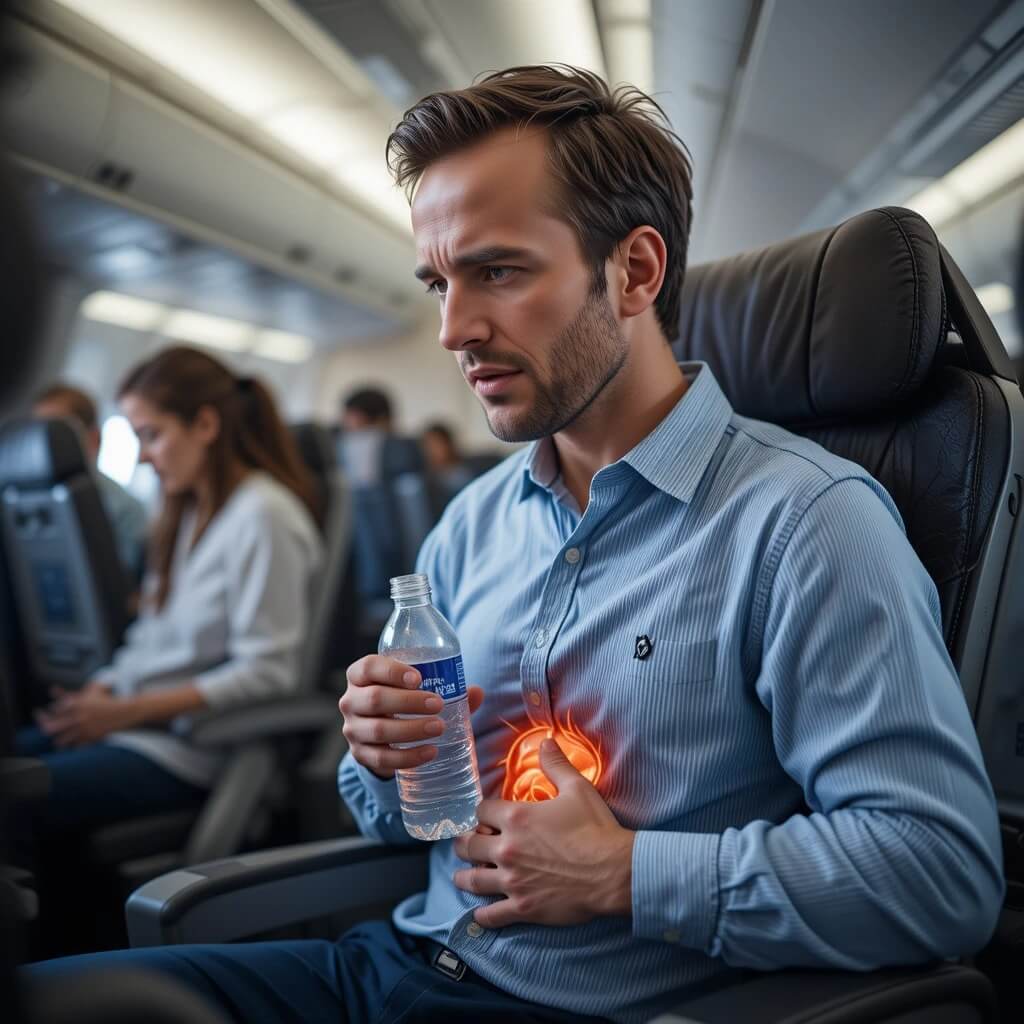 A traveler experiencing stomach discomfort while holding their abdomen, with a bottle of water and medication nearby.