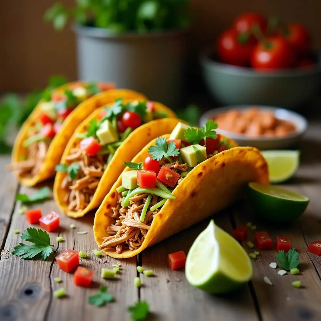 Delicious shredded chicken tacos made in a crock pot with fresh toppings.