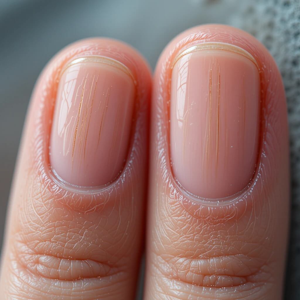 Close-up of a person's fingernails showing vertical and horizontal lines, illustrating different types of nail ridges and their possible causes.