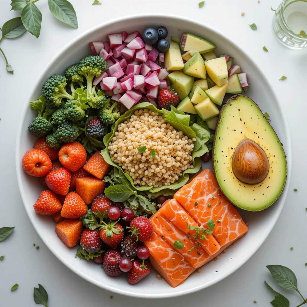 Assorted healthy foods including fruits, vegetables, and protein-rich ingredients like quinoa, salmon, and avocado.