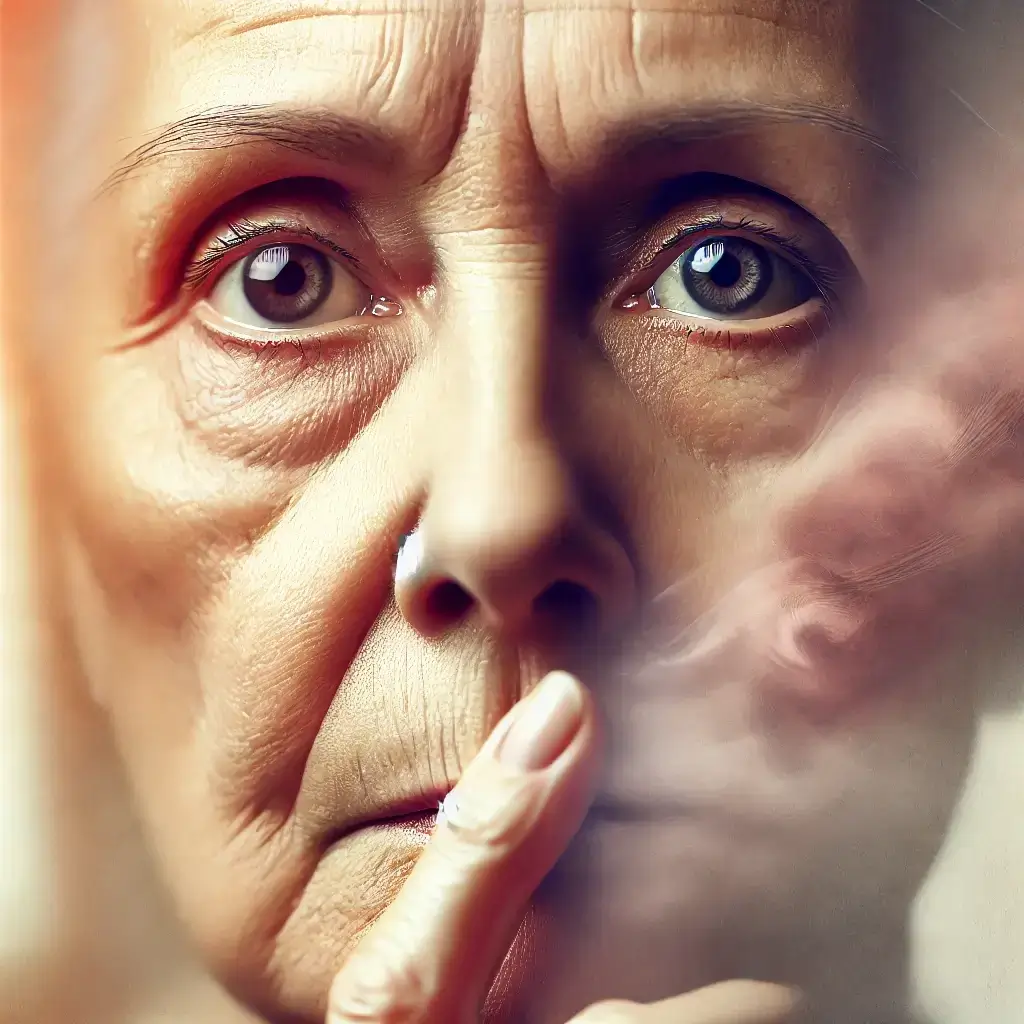 Close-up of an elderly person showing signs of silent dementia symptoms, such as memory loss and confusion.