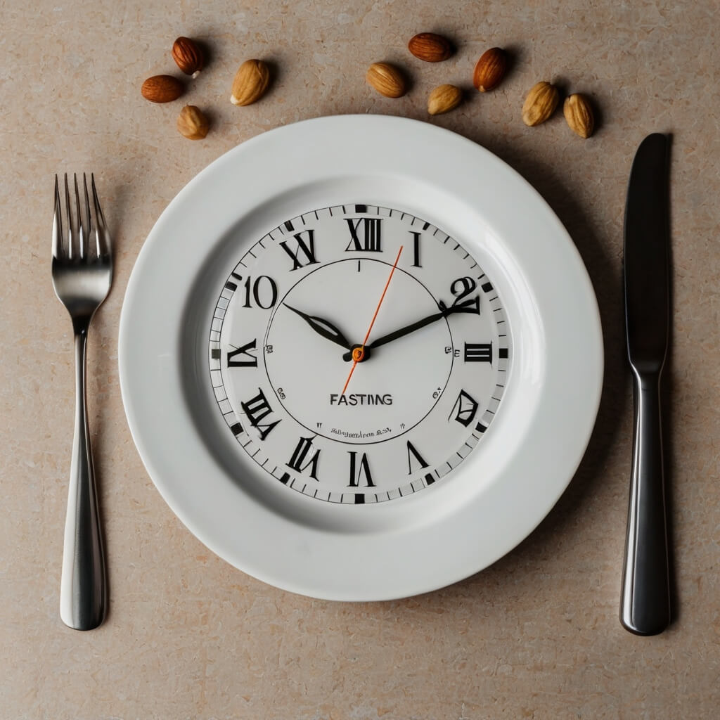 A clock and plate symbolizing intermittent fasting for weight loss, with healthy foods like lean protein, vegetables, and nuts.