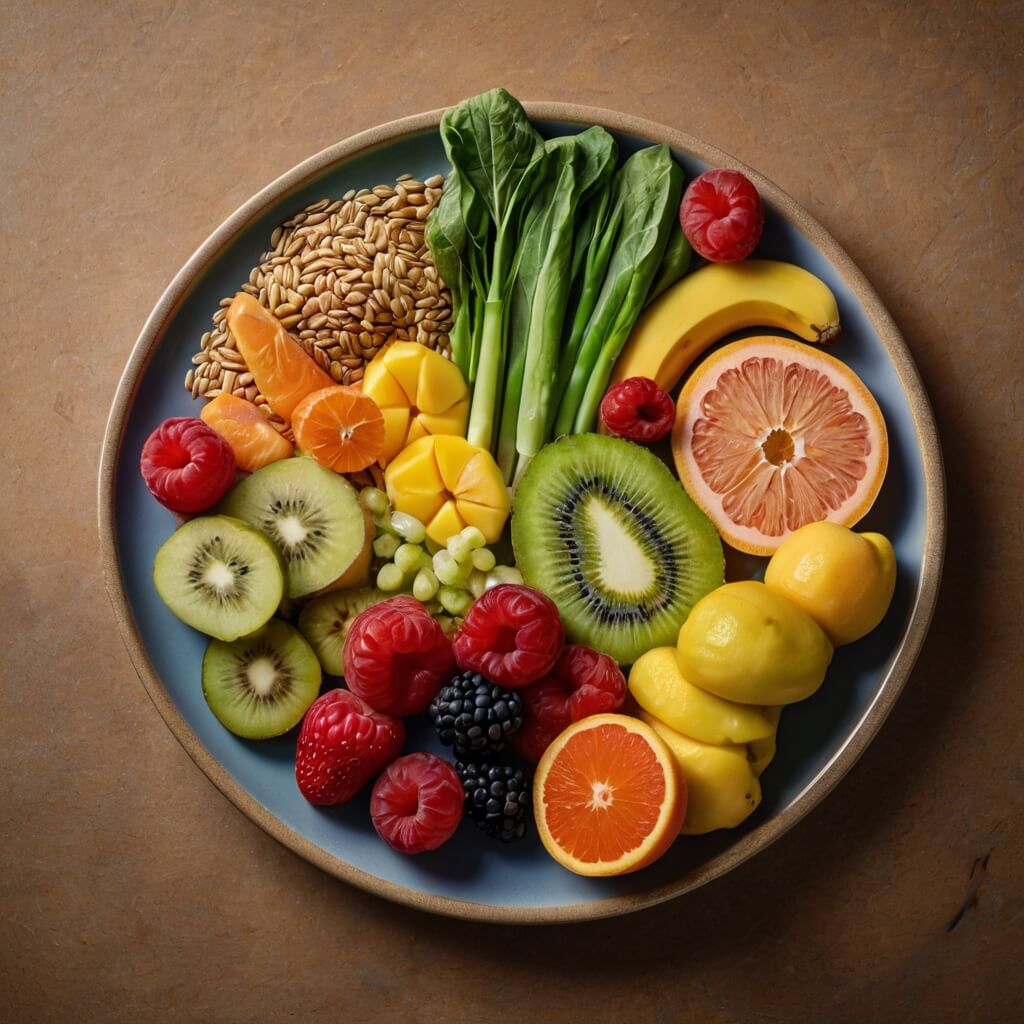 A colorful assortment of fresh fruits, vegetables, whole grains, and lean proteins arranged on a plate, representing a balanced and nutritious diet.