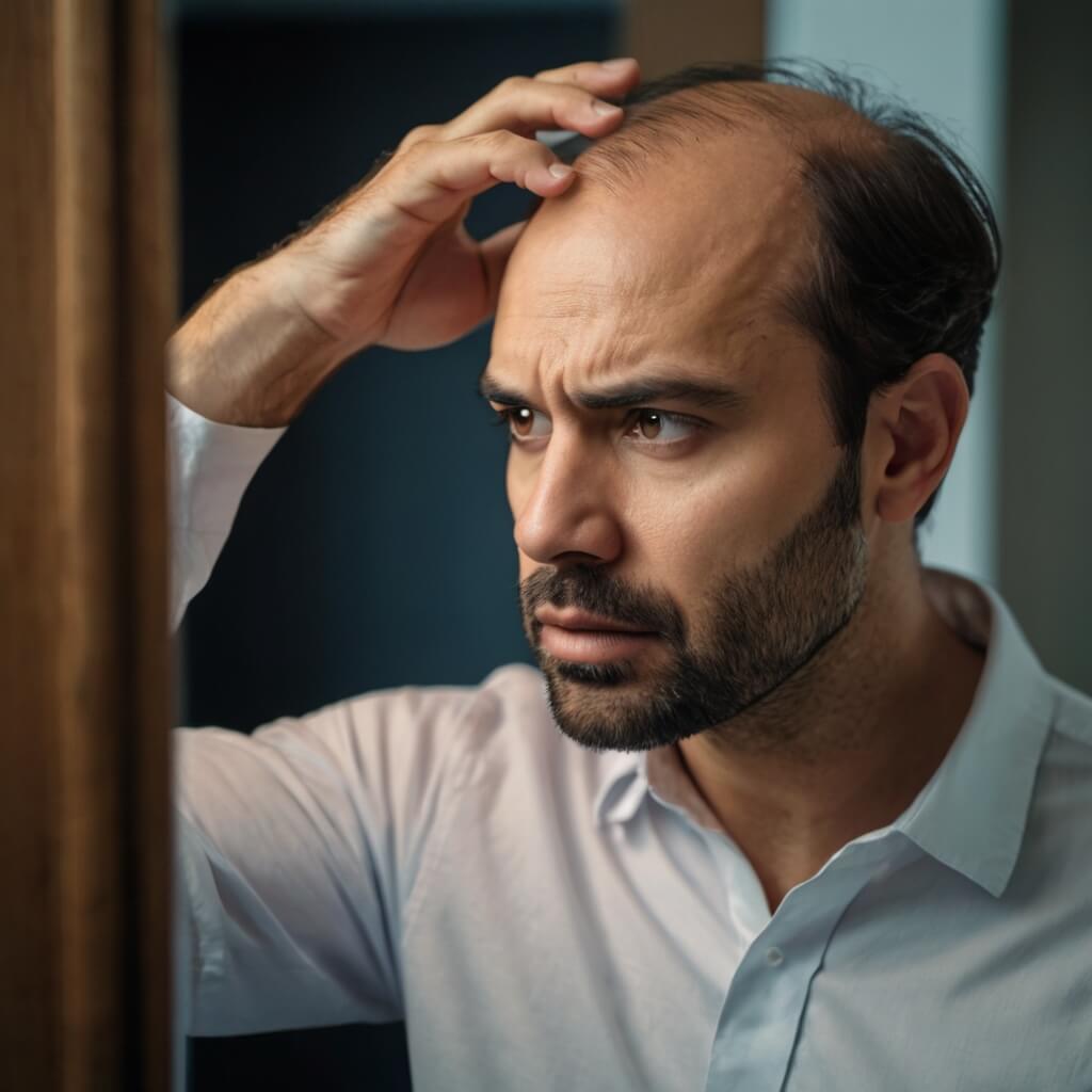 A concerned man examining his thinning hair in the mirror, illustrating common hair loss myths.