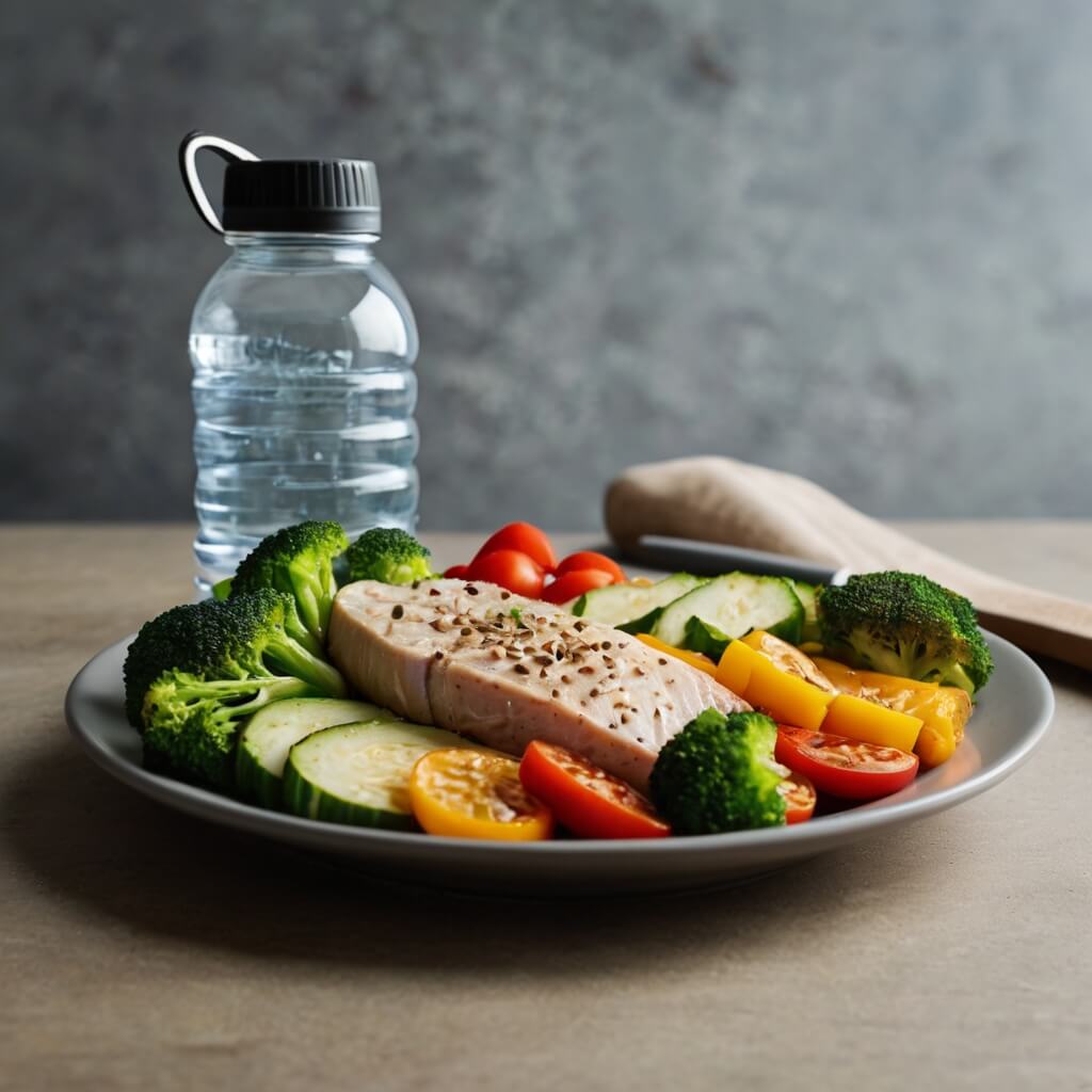 A healthy meal with protein, vegetables, and whole grains alongside a water bottle, symbolizing the best way to fix a slow metabolism.