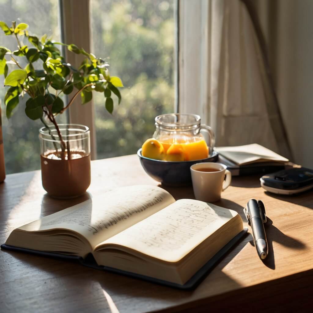 A refreshing morning scene with a person stretching by a sunlit window, a healthy breakfast, a glass of water, and a journal nearby—symbolizing a balanced morning routine.