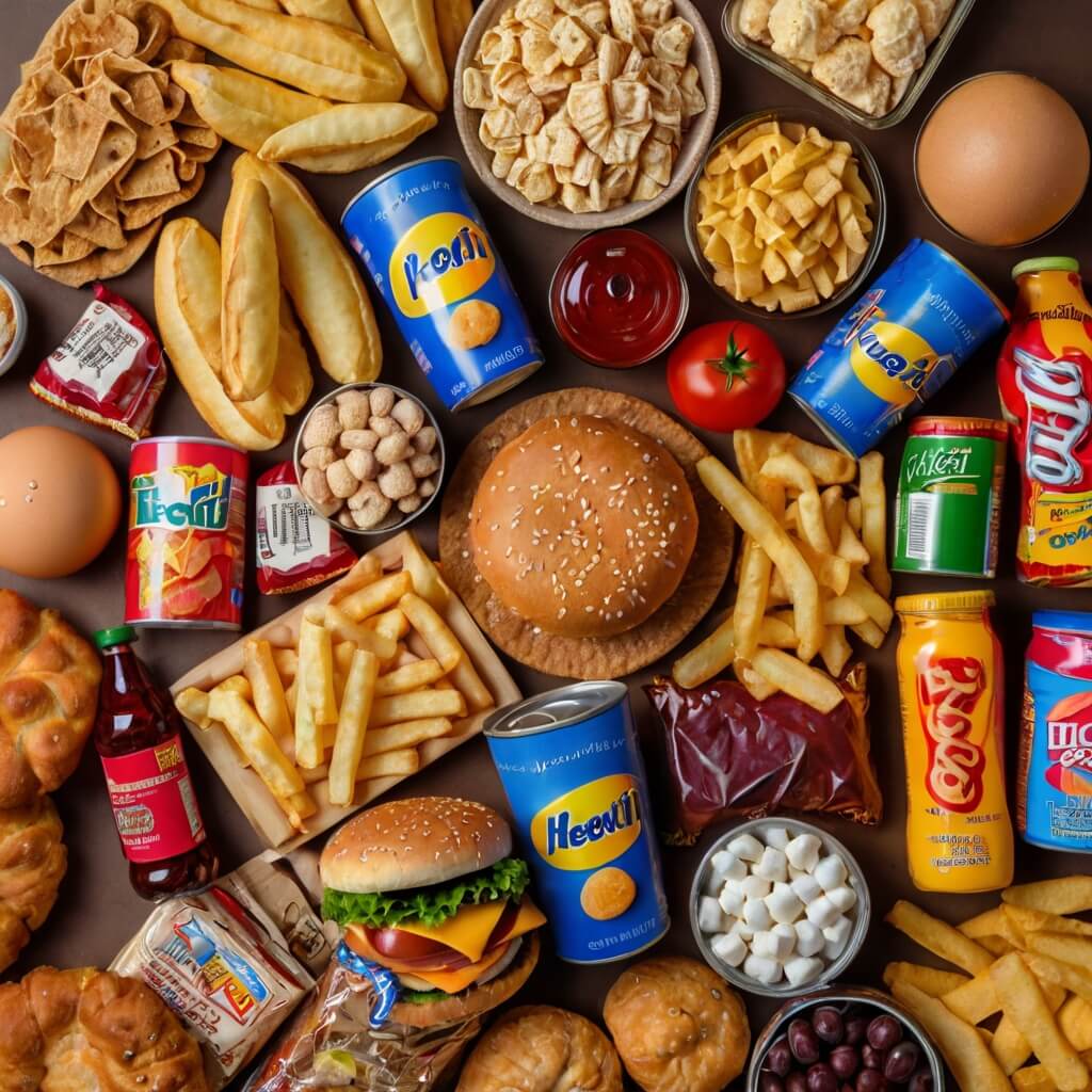 An assortment of processed foods, including packaged snacks, sugary drinks, and fast food, highlighting hidden health risks.