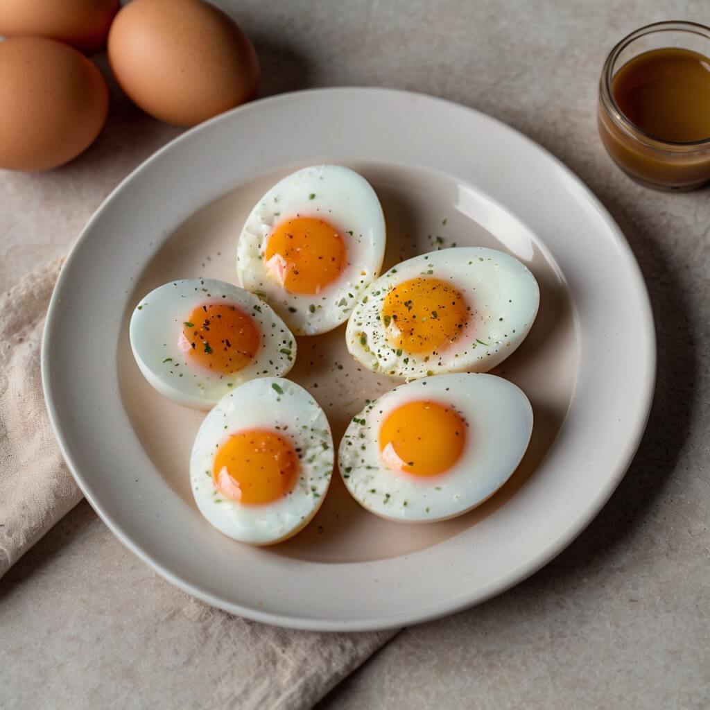 Fresh eggs on a plate with a healthy breakfast, showcasing the benefits of eating eggs daily.