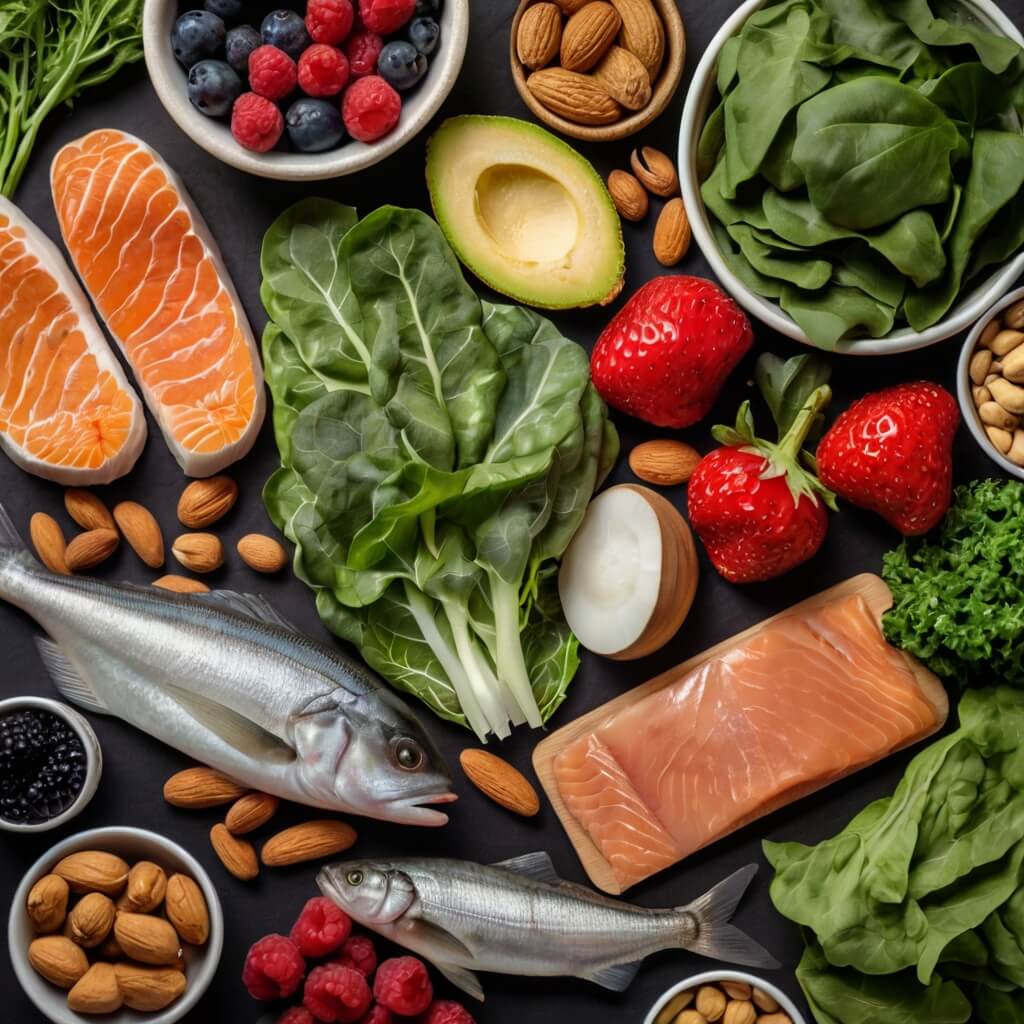 Healthy foods to cleanse arteries, including leafy greens, berries, fatty fish, and nuts.