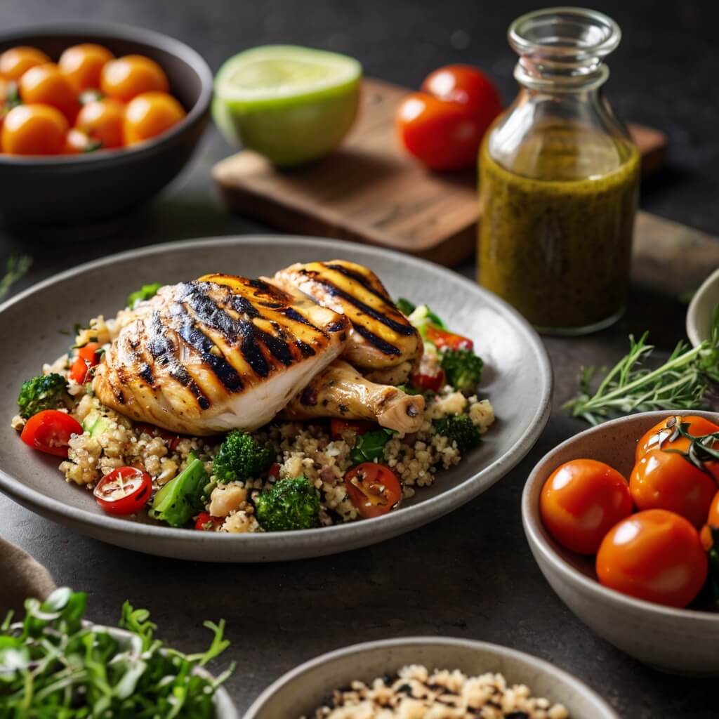 Healthy light dinner with grilled chicken, quinoa, and fresh vegetables