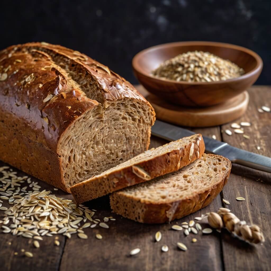 Homemade healthy bread made with whole grains, natural sweeteners, and healthy fats.