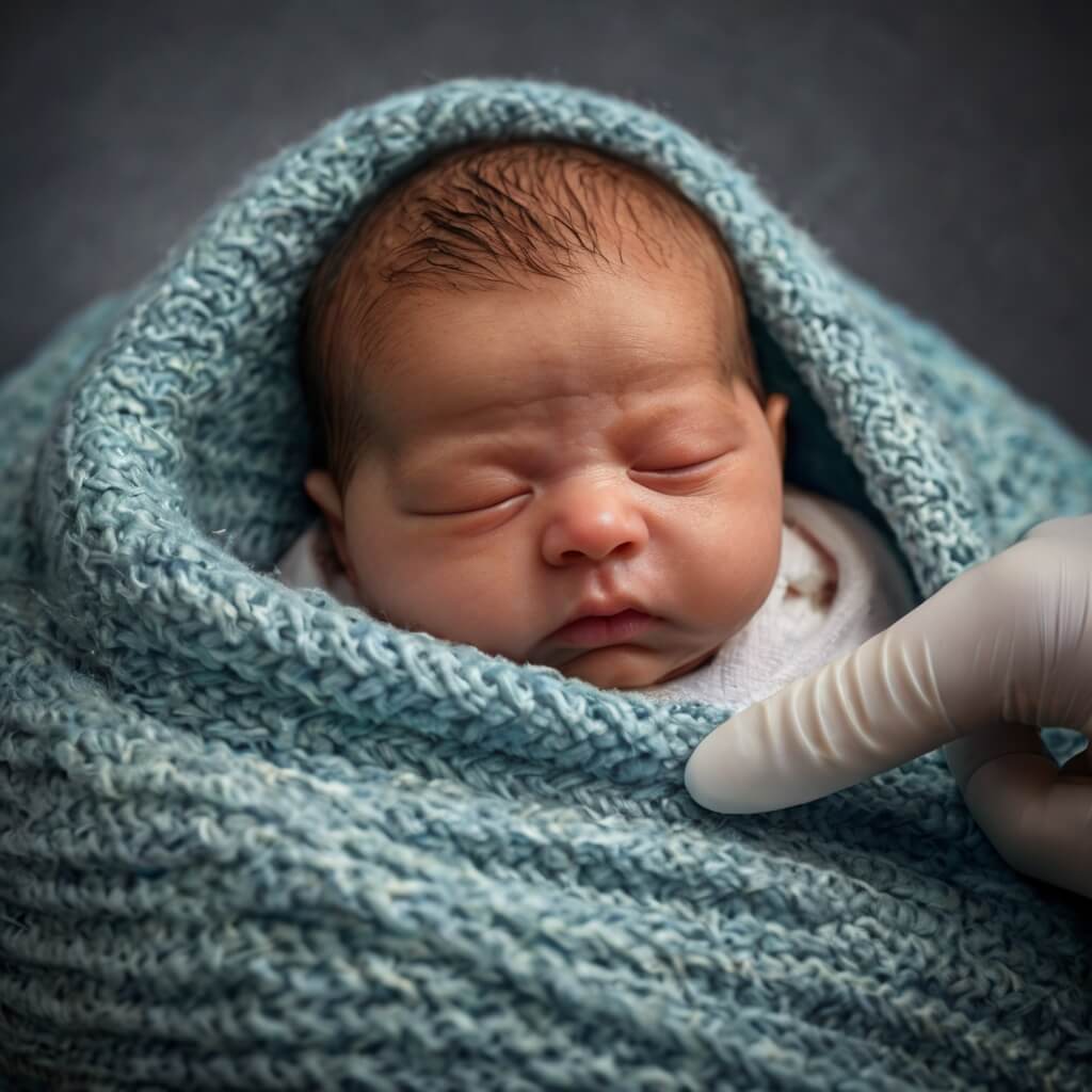 Newborn baby with fever being monitored by a pediatrician for signs of infection.