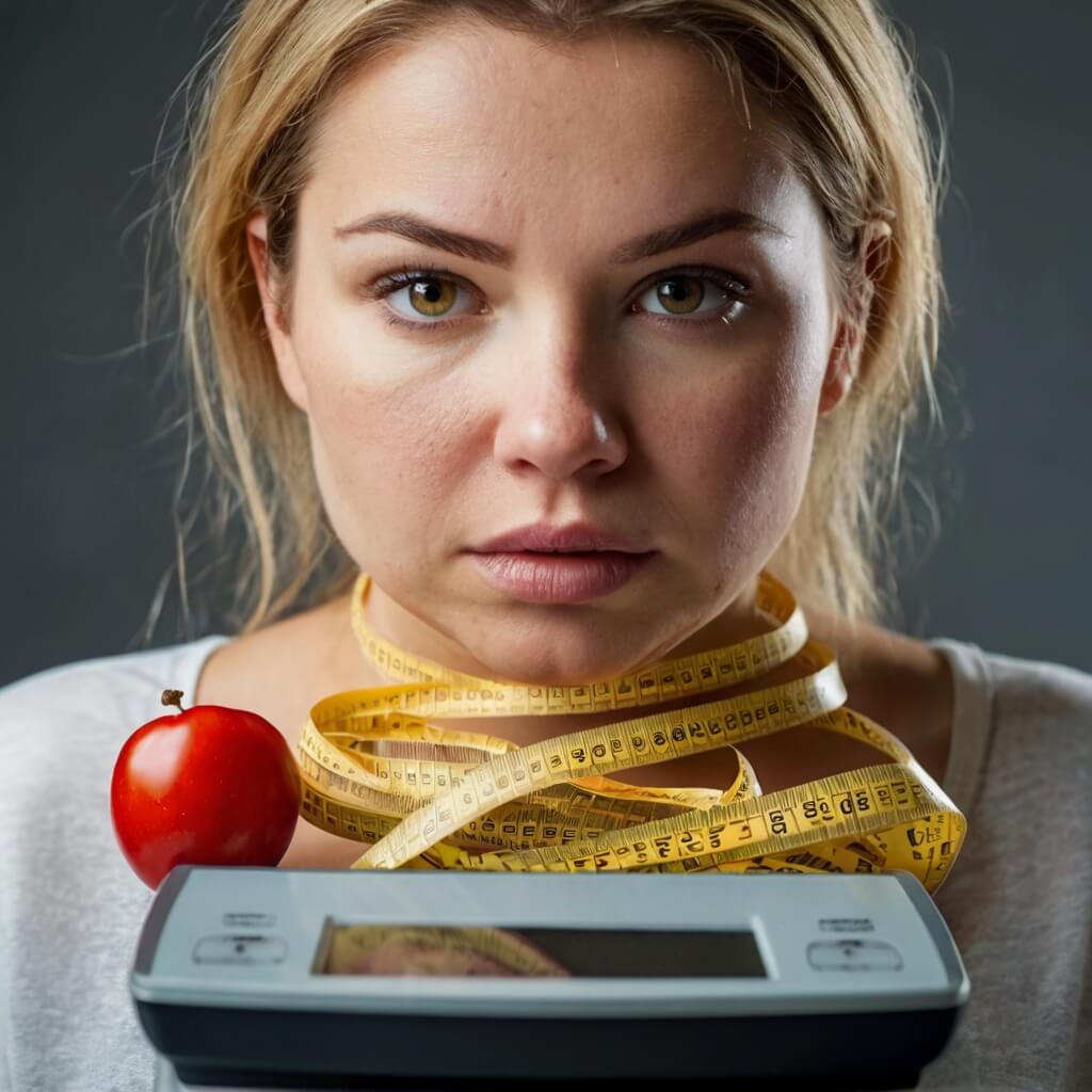 Frustrated woman looking at scale, wondering why she’s not losing weight despite dieting.