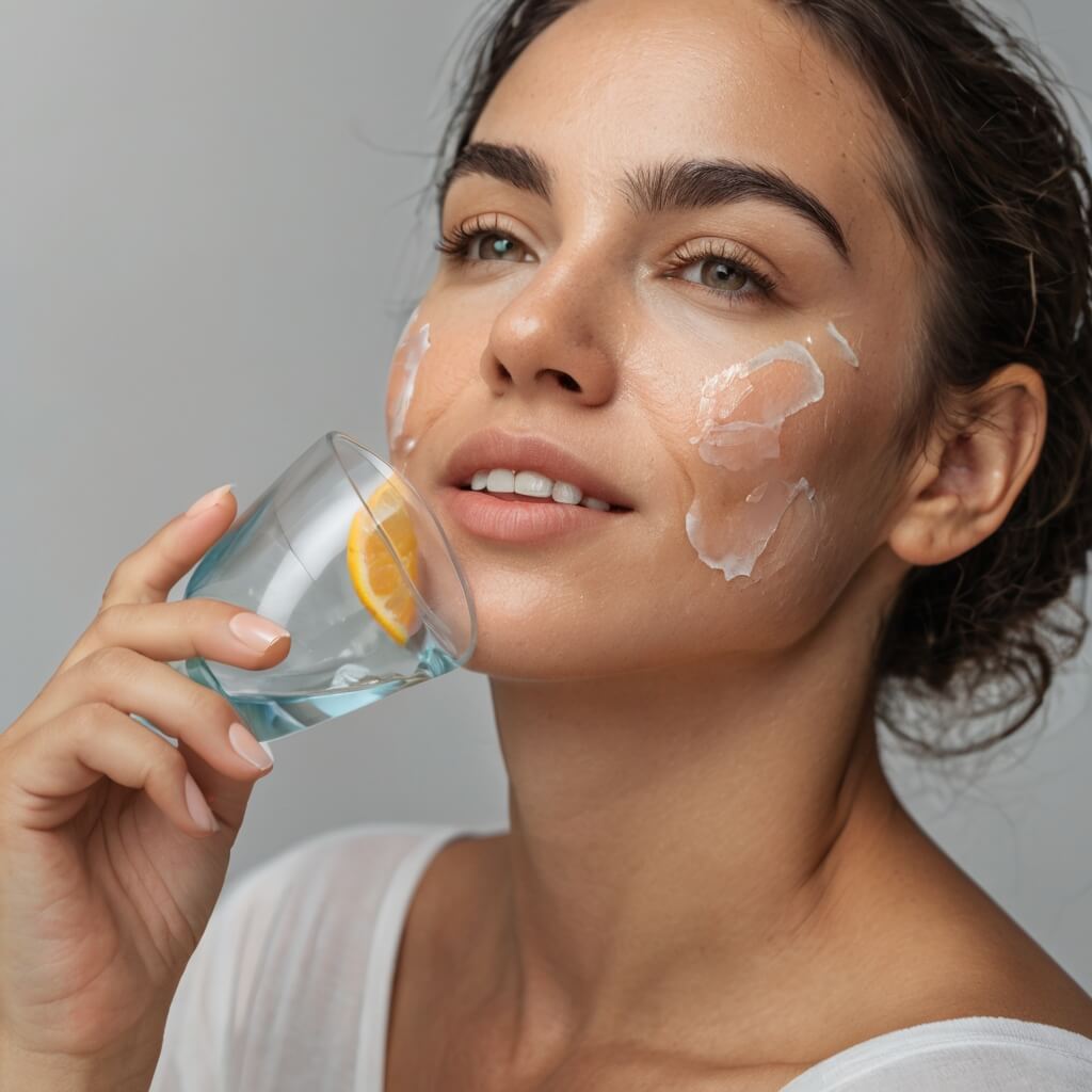 Woman practicing self-care to look younger with healthy habits like hydration and skincare
